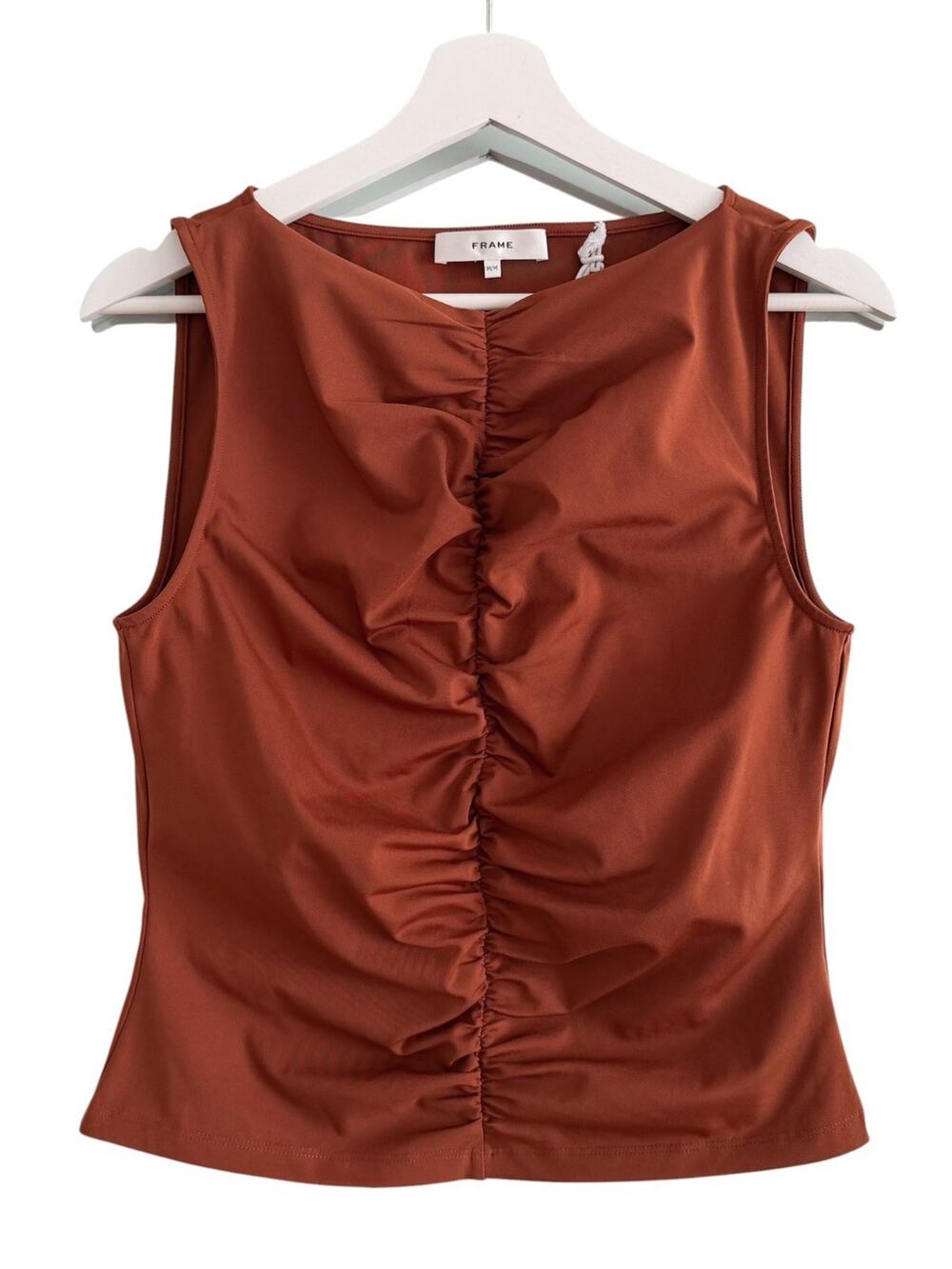 FRAME Ruched Sleeveless Stretch Top Chestnut Brown NEW Size Medium